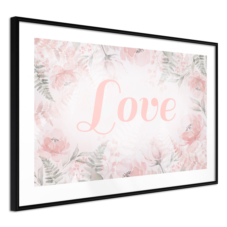 Wall Poster Love - Romantic Inscription on a Rose Background Among Plants and Leaves 144754 additionalImage 5