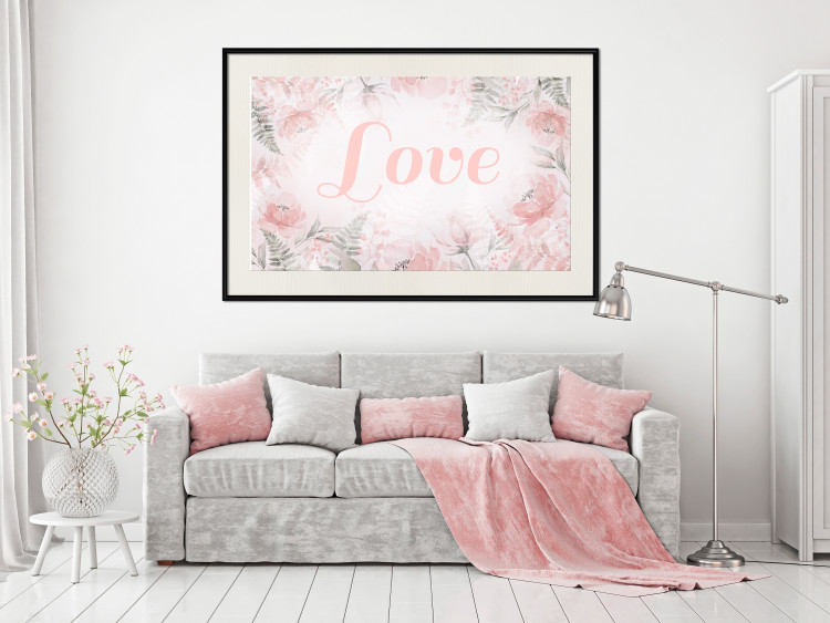 Wall Poster Love - Romantic Inscription on a Rose Background Among Plants and Leaves 144754 additionalImage 21