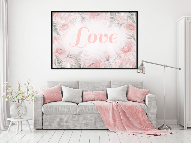 Wall Poster Love - Romantic Inscription on a Rose Background Among Plants and Leaves 144754 additionalImage 13