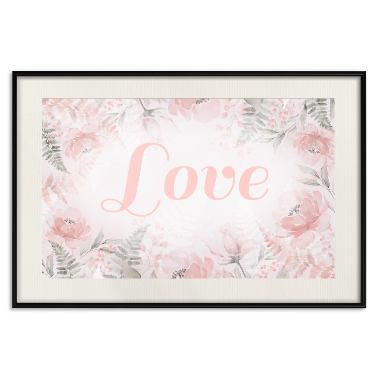 Wall Poster Love - Romantic Inscription on a Rose Background Among Plants and Leaves 144754 additionalImage 19