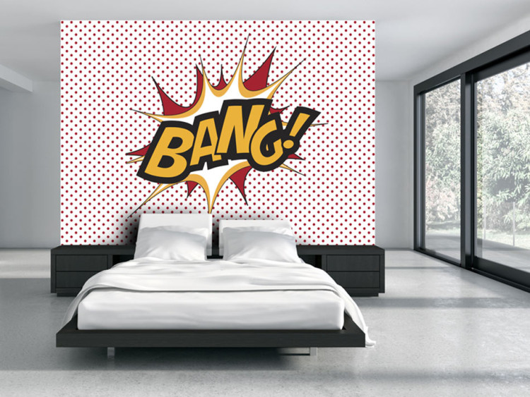 Wall Mural BANG! - modern motif with yellow text on a background of red dots 88954