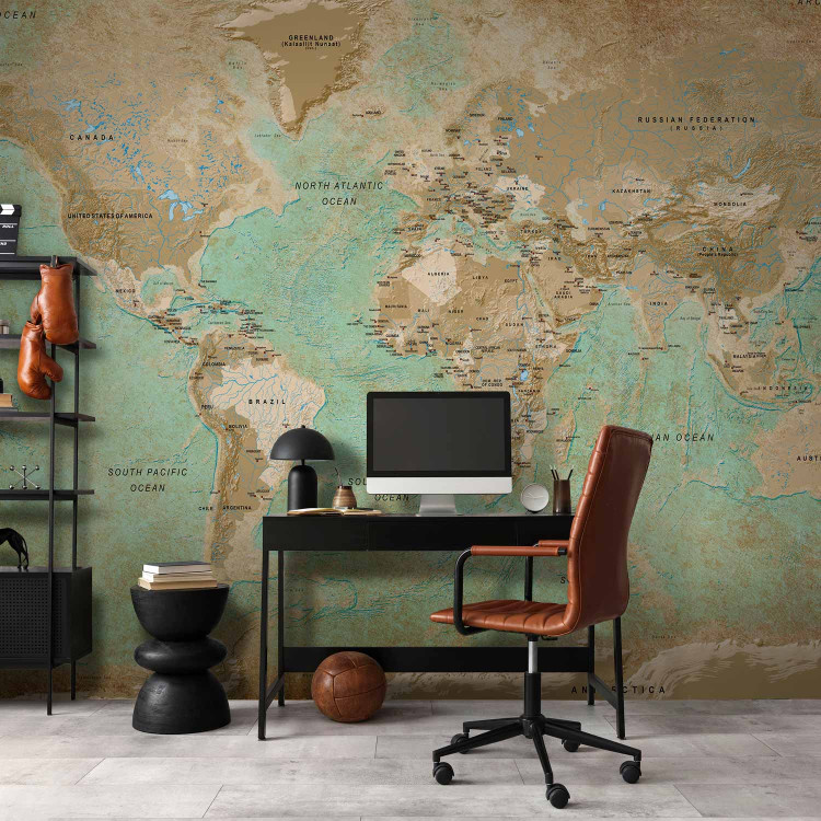 Photo Wallpaper Turquoise world map - continents in shades of beige on a background in green 94554 additionalImage 4