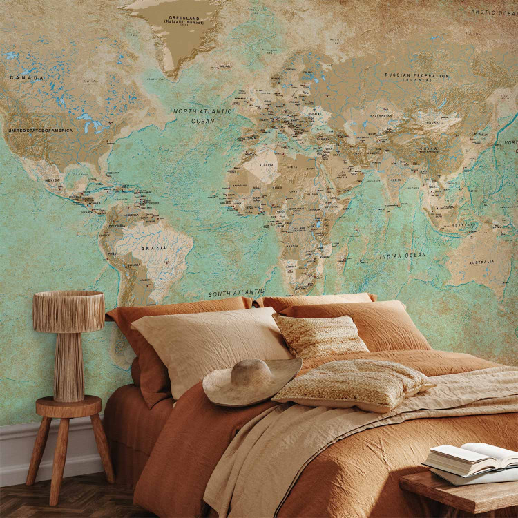 Photo Wallpaper Turquoise world map - continents in shades of beige on a background in green 94554 additionalImage 2