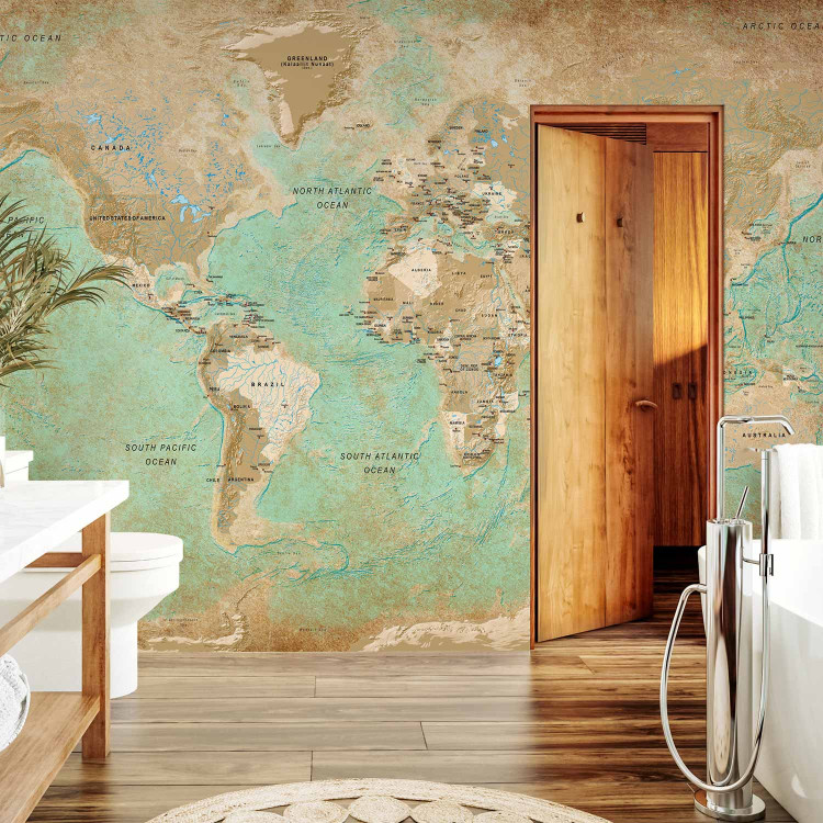 Photo Wallpaper Turquoise world map - continents in shades of beige on a background in green 94554 additionalImage 8