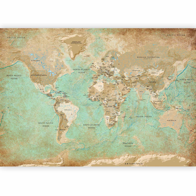 Photo Wallpaper Turquoise world map - continents in shades of beige on a background in green 94554 additionalImage 5