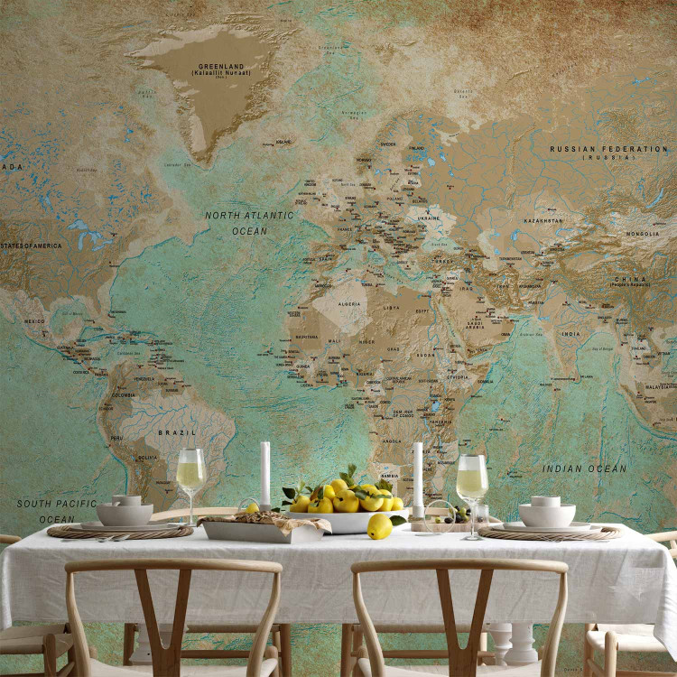 Photo Wallpaper Turquoise world map - continents in shades of beige on a background in green 94554 additionalImage 6