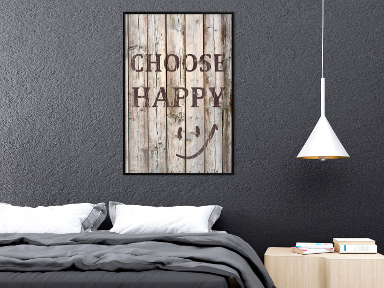 Wall Poster Choose Happy - black English text on a background of wooden planks 125864 additionalImage 5
