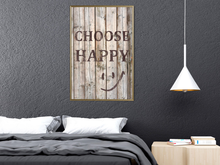 Wall Poster Choose Happy - black English text on a background of wooden planks 125864 additionalImage 5