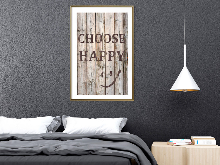 Wall Poster Choose Happy - black English text on a background of wooden planks 125864 additionalImage 13