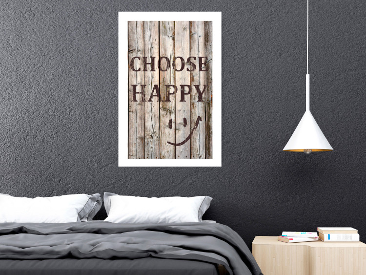 Wall Poster Choose Happy - black English text on a background of wooden planks 125864 additionalImage 2