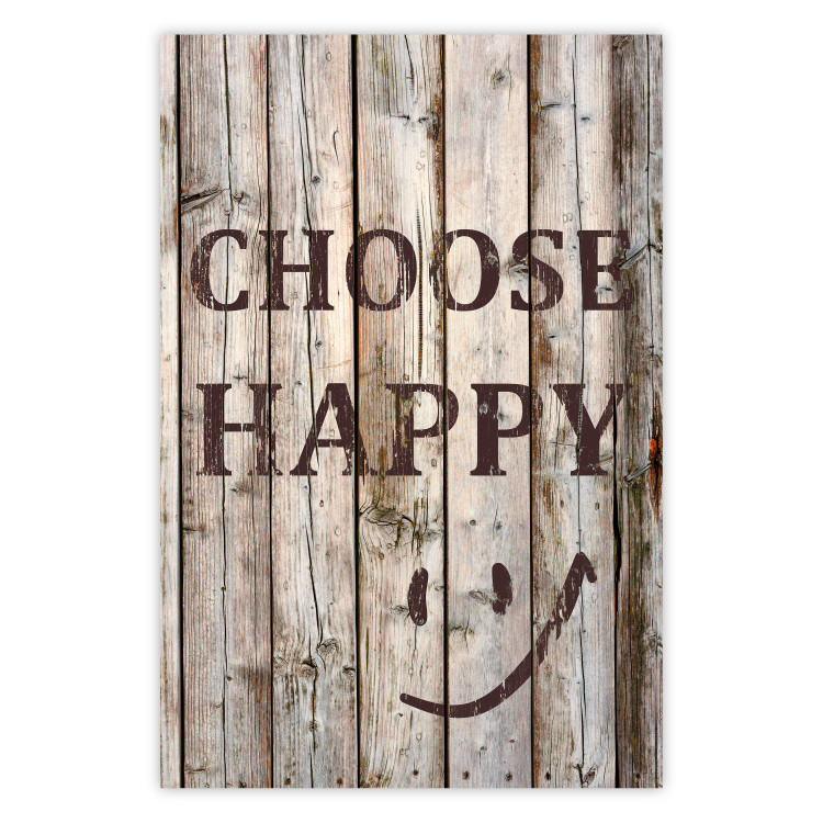 Wall Poster Choose Happy - black English text on a background of wooden planks 125864