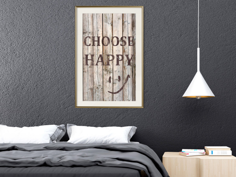 Wall Poster Choose Happy - black English text on a background of wooden planks 125864 additionalImage 21