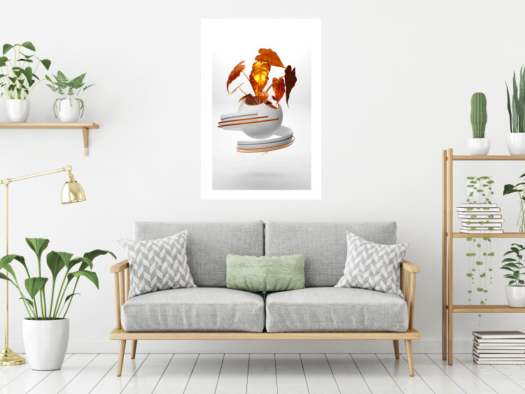 Poster Copper Leaves - abstract vase with golden leaves on a white background 126064 additionalImage 2
