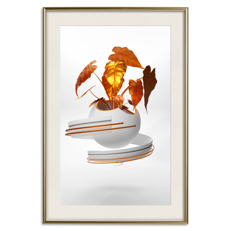 Poster Copper Leaves - abstract vase with golden leaves on a white background 126064 additionalImage 26