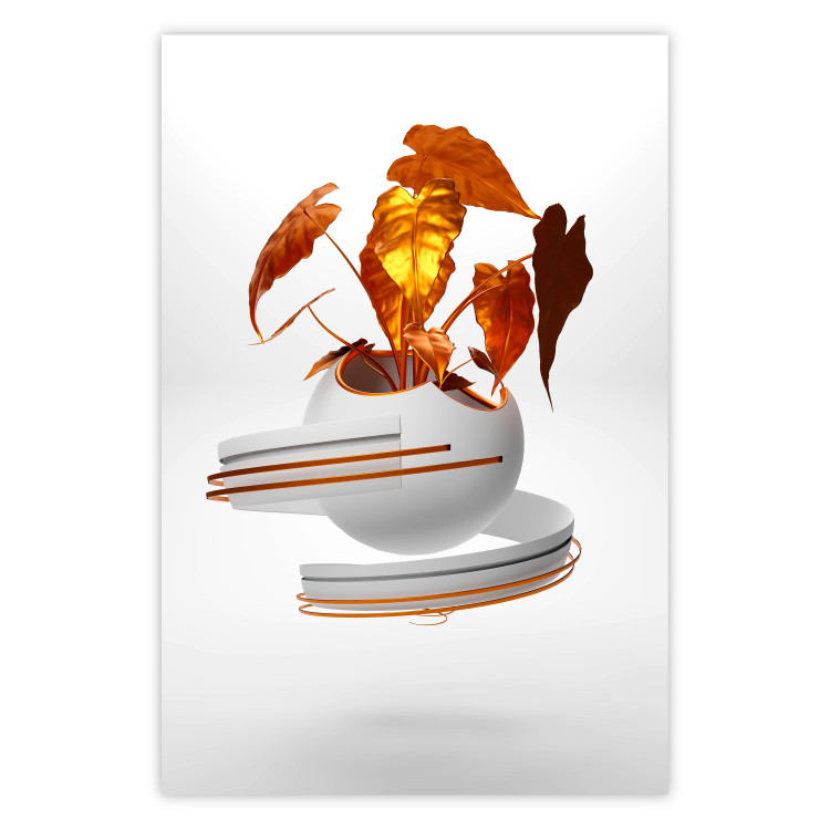 Poster Copper Leaves - abstract vase with golden leaves on a white background 126064