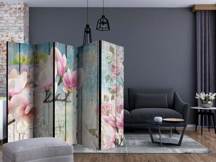 Folding Screen Pink Flowers on Wood II (5-piece) - colorful collage and boards 132864 additionalImage 4