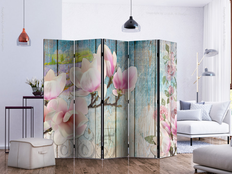 Folding Screen Pink Flowers on Wood II (5-piece) - colorful collage and boards 132864 additionalImage 2