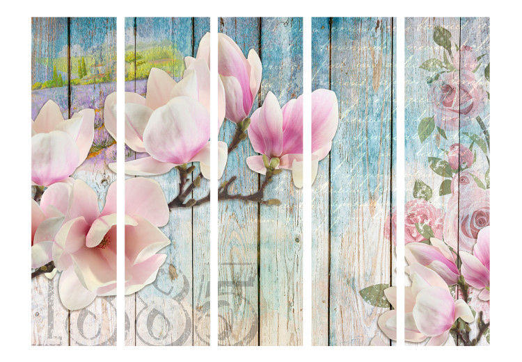 Folding Screen Pink Flowers on Wood II (5-piece) - colorful collage and boards 132864 additionalImage 3