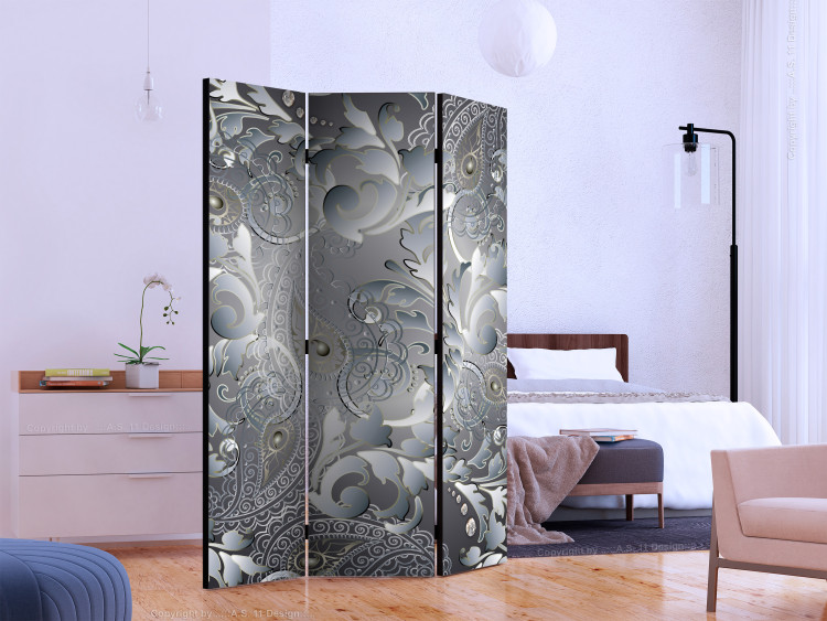 Folding Screen Oriental Design (3-piece) - gray abstraction in floral ornaments 133564 additionalImage 2