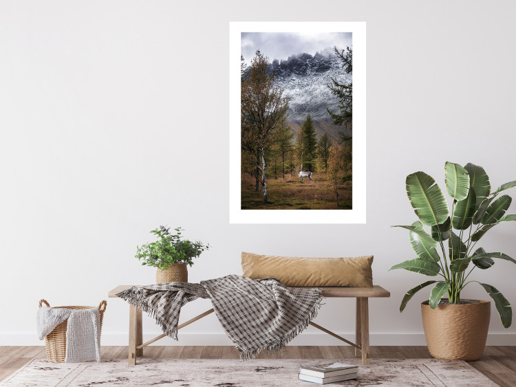 Wall Poster Autumn Guest - forest composition of an animal amidst trees against mountains 138764 additionalImage 9