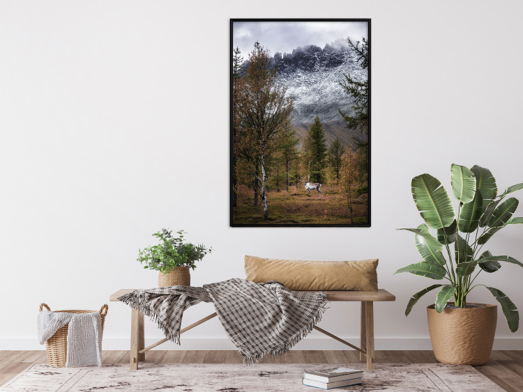 Wall Poster Autumn Guest - forest composition of an animal amidst trees against mountains 138764 additionalImage 12