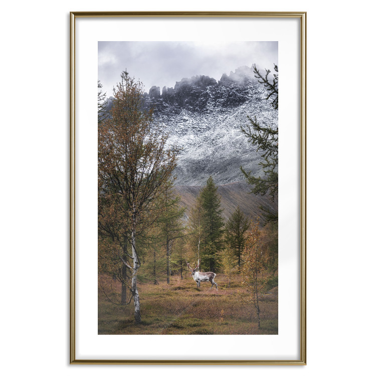 Wall Poster Autumn Guest - forest composition of an animal amidst trees against mountains 138764 additionalImage 20