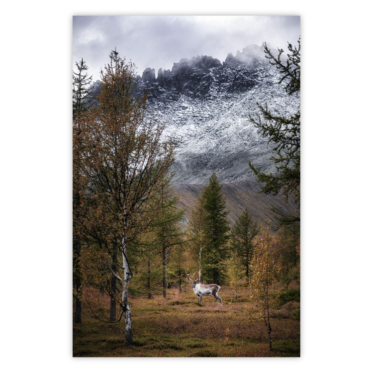 Wall Poster Autumn Guest - forest composition of an animal amidst trees against mountains 138764