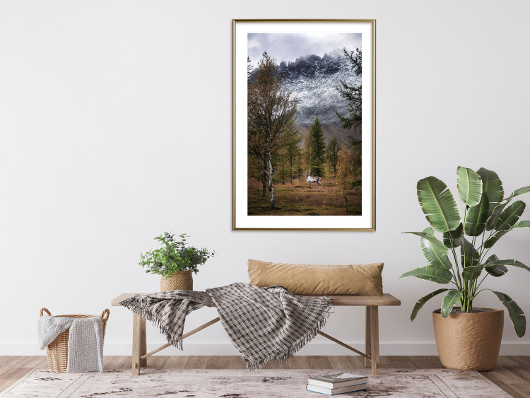 Wall Poster Autumn Guest - forest composition of an animal amidst trees against mountains 138764 additionalImage 14