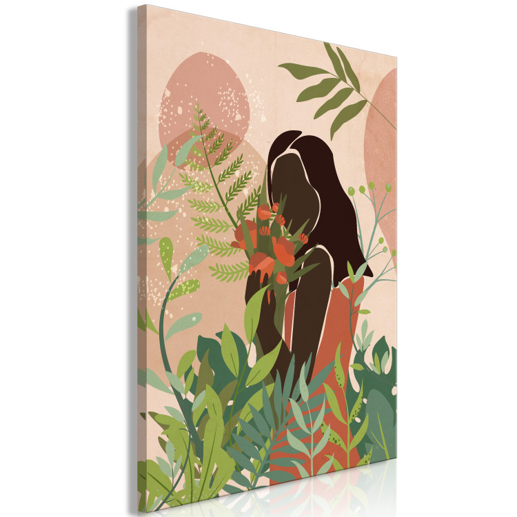 Canvas Woman in Green (1-piece) Vertical - colorful plants on pink background 138864 additionalImage 2