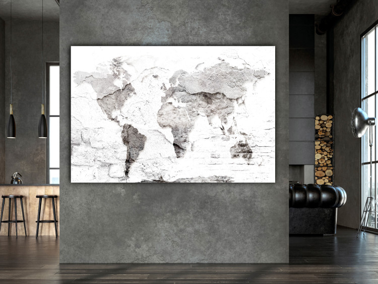 Canvas Print Map in White (1-piece) Wide - world map on brick texture 143064 additionalImage 3