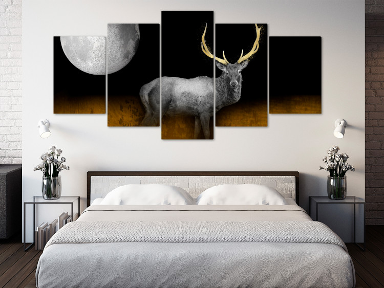 Canvas Art Print Golden Antlers (5-piece) Wide - silver stag and moon at night 143264 additionalImage 3