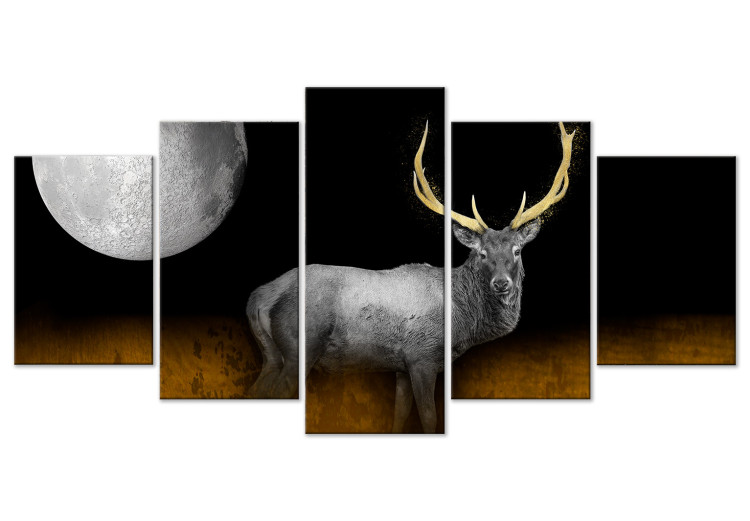 Canvas Art Print Golden Antlers (5-piece) Wide - silver stag and moon at night 143264