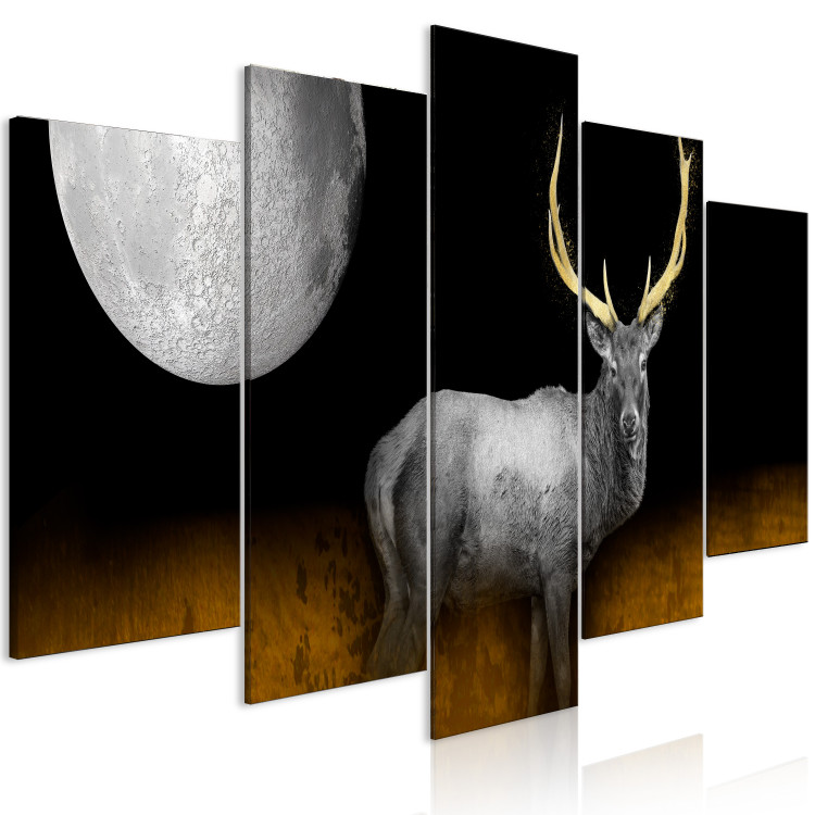 Canvas Art Print Golden Antlers (5-piece) Wide - silver stag and moon at night 143264 additionalImage 2