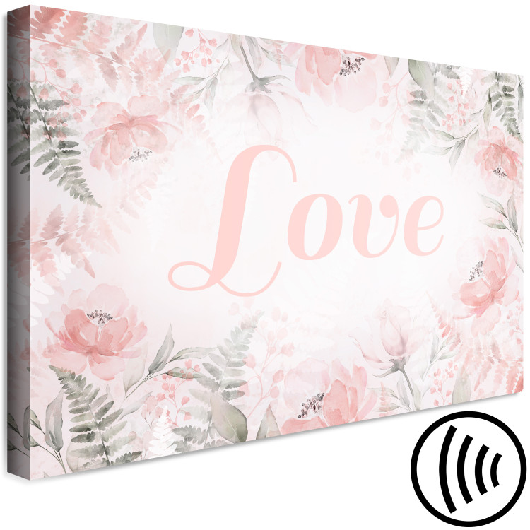 Canvas Love (1-piece) - love inscription on a pink background with flowers and leaves 144764 additionalImage 6