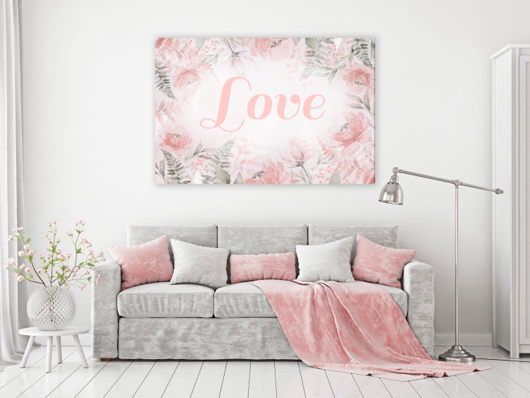 Canvas Love (1-piece) - love inscription on a pink background with flowers and leaves 144764 additionalImage 3