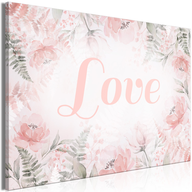 Canvas Love (1-piece) - love inscription on a pink background with flowers and leaves 144764 additionalImage 2