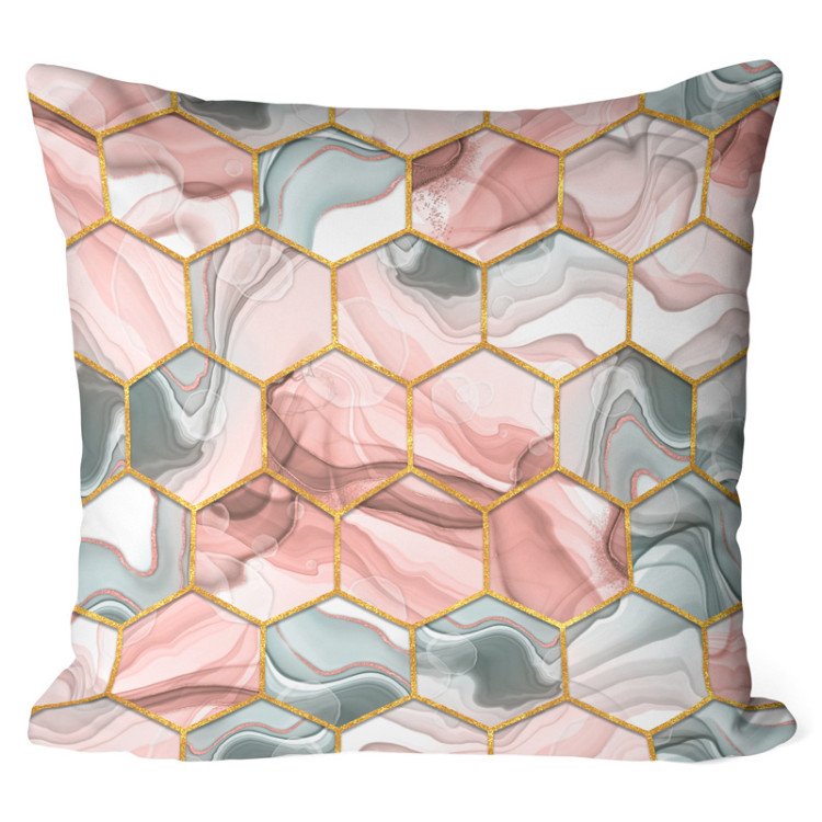 Decorative Microfiber Pillow Plant hexagons - motif in shades of gold, green and red cushions 146964