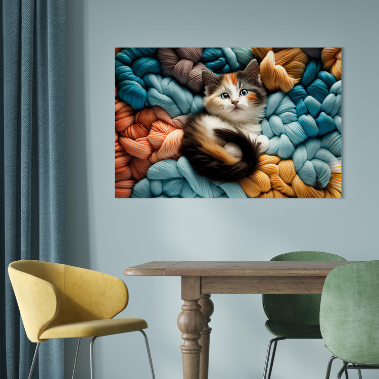 Canvas Print AI Calico Cat - Tortoiseshell Animal Resting on Bundles of Colorful Yarns - Horizontal 150164 additionalImage 9