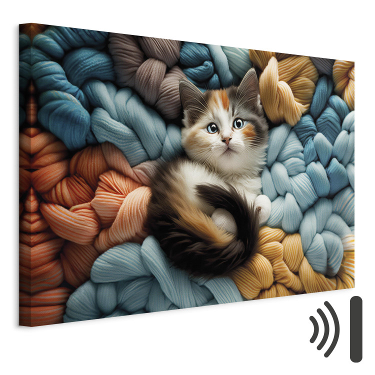 Canvas Print AI Calico Cat - Tortoiseshell Animal Resting on Bundles of Colorful Yarns - Horizontal 150164 additionalImage 8