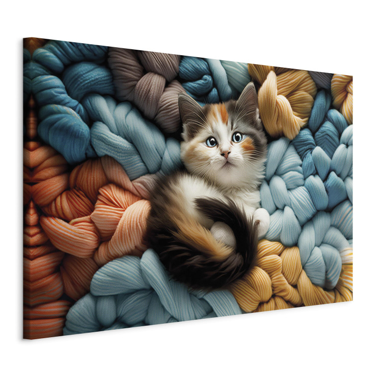 Canvas Print AI Calico Cat - Tortoiseshell Animal Resting on Bundles of Colorful Yarns - Horizontal 150164 additionalImage 2