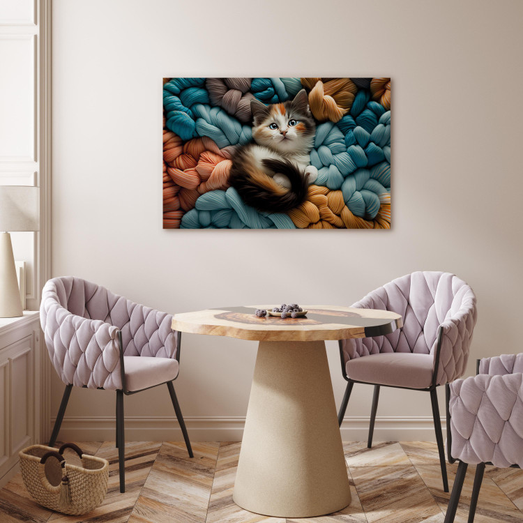 Canvas Print AI Calico Cat - Tortoiseshell Animal Resting on Bundles of Colorful Yarns - Horizontal 150164 additionalImage 5