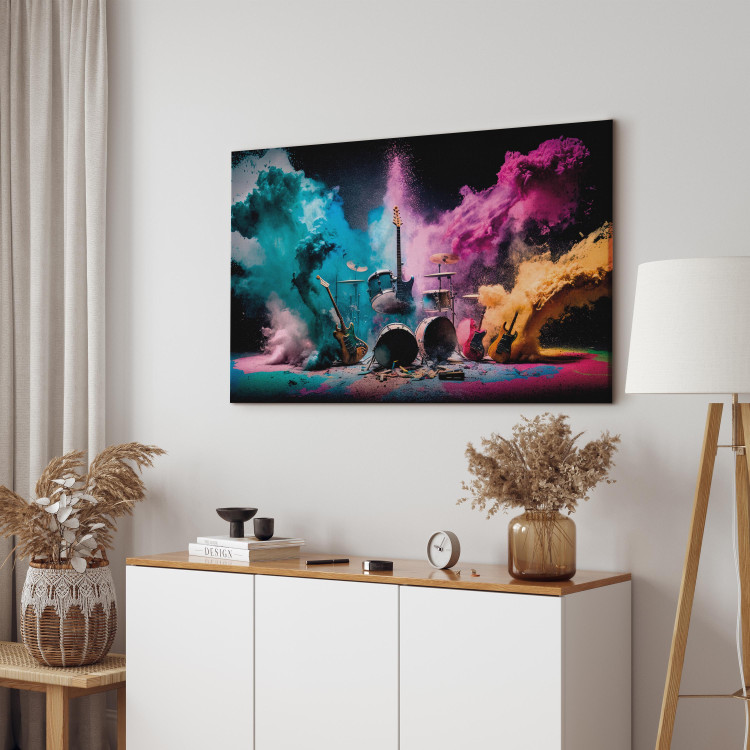 Canvas Art Print Rock Concert - Exploding Instruments on Stage in Colored Dust 150664 additionalImage 10