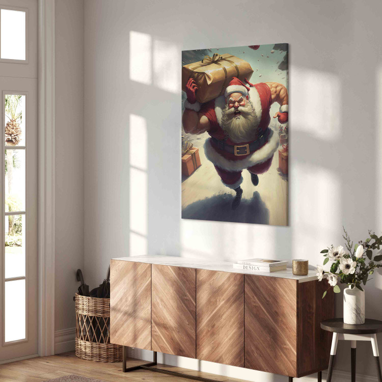 Canvas Art Print Christmas Madness - Muscular Santa Claus Carrying a Big Gift 151864 additionalImage 4