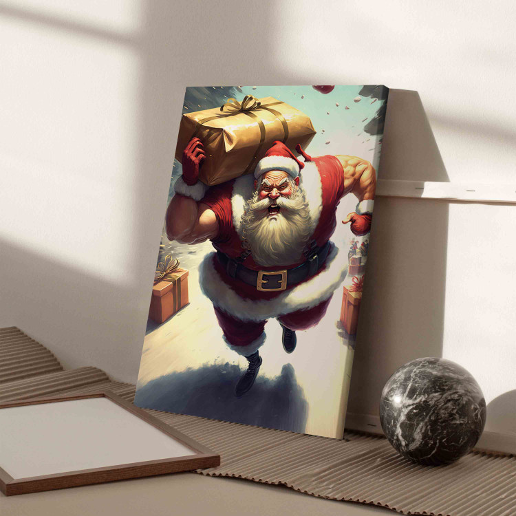 Canvas Art Print Christmas Madness - Muscular Santa Claus Carrying a Big Gift 151864 additionalImage 11