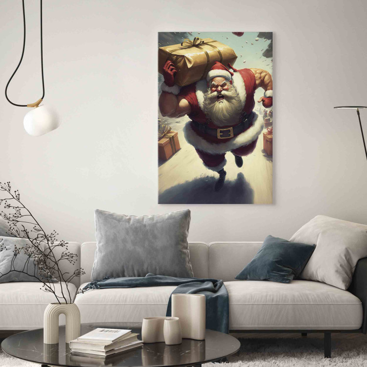 Canvas Art Print Christmas Madness - Muscular Santa Claus Carrying a Big Gift 151864 additionalImage 3