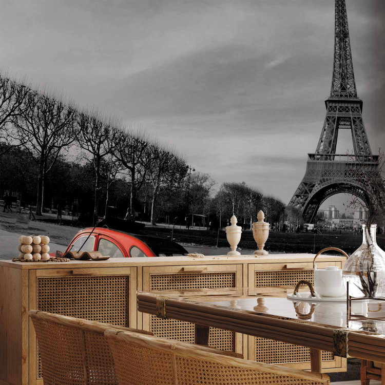 Photo Wallpaper Urban Architecture - Black and White Eiffel Tower and Red Car 59864 additionalImage 4
