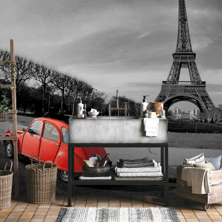 Photo Wallpaper Urban Architecture - Black and White Eiffel Tower and Red Car 59864 additionalImage 8