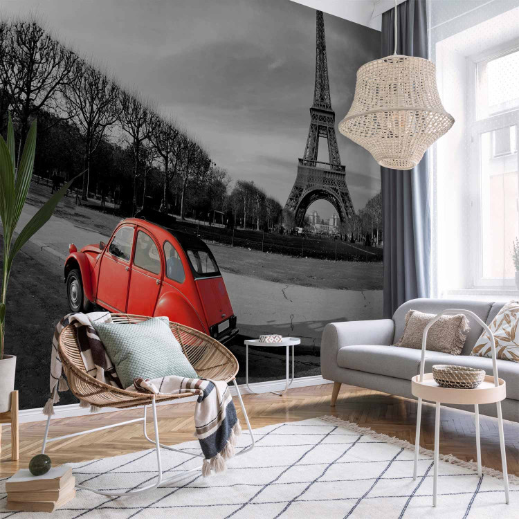 Photo Wallpaper Urban Architecture - Black and White Eiffel Tower and Red Car 59864