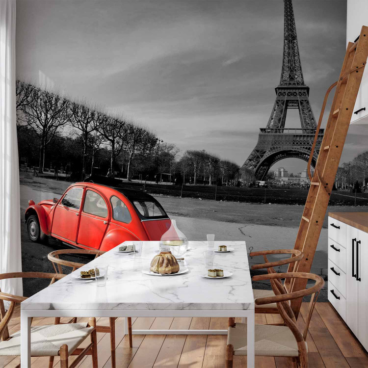 Photo Wallpaper Urban Architecture - Black and White Eiffel Tower and Red Car 59864 additionalImage 6