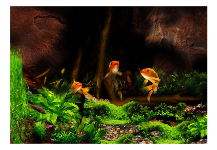 Wall Mural Marine World - Three golden fish in a dark cave with green flora 61264 additionalImage 1
